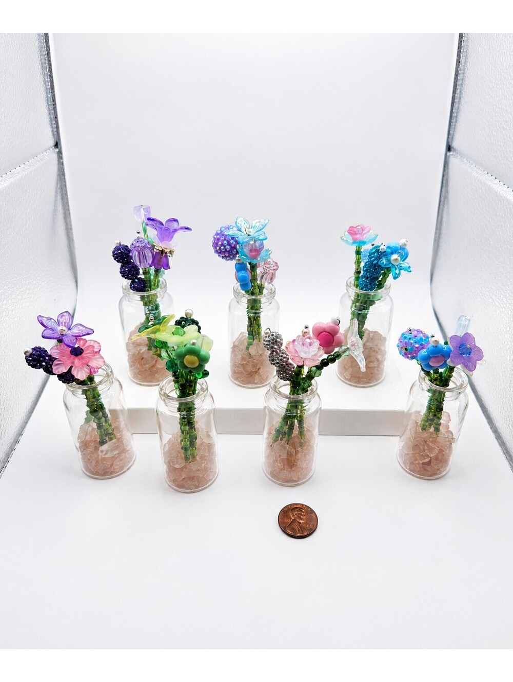 Handmade Mini Beaded Flower Bouquet in Glass Vase